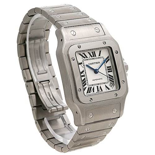 The image shows a Cartier Santos W20098D6 Stainless Steel Silver Dial W20098D6 Stainless Steel Silver Dial watch at a three-quarter angle, highlighting its metal case, bracelet, and square dial with Roman numerals.
