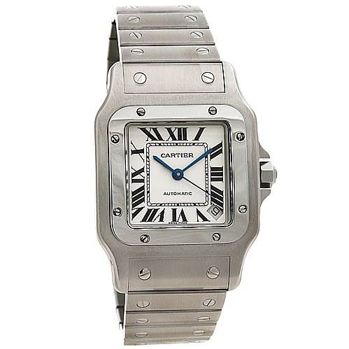 The image shows a front view of a Cartier Santos W20098D6 Stainless Steel Silver Dial W20098D6 Stainless Steel Silver Dial watch, highlighting the face, bezel, and metal bracelet.