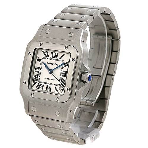 The image shows a Cartier Santos W20098D6 Stainless Steel Silver Dial W20098D6 Stainless Steel Silver Dial watch at a three-quarter angle, highlighting the face, bezel, and part of its bracelet.