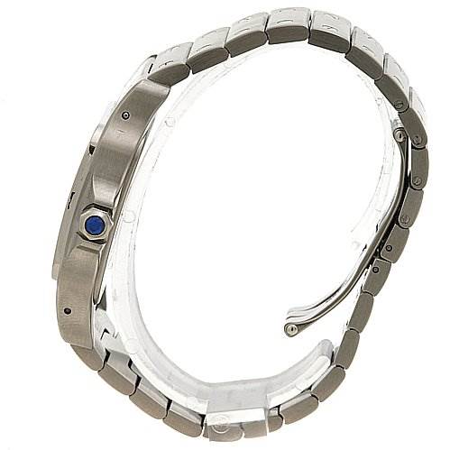 This side view of the Cartier Santos W20098D6 Stainless Steel Silver Dial W20098D6 Stainless Steel Silver Dial watch displays its metallic bracelet and side profile, highlighting the crown with a blue gem.