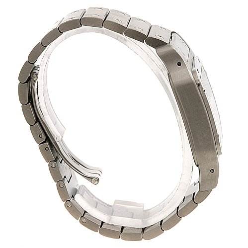 The image shows a side profile view of the Santos model by Cartier, highlighting the watch
s case and metal bracelet.