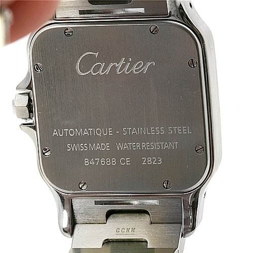 The image shows the back view of a Santos model by Cartier, highlighting the case back and part of the bracelet.