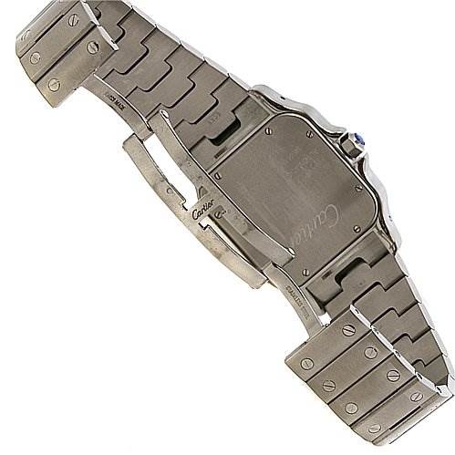 The image shows the back and bracelet of a Santos model watch by Cartier, highlighting the clasp and case back.