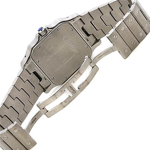 This image shows the back and part of the bracelet of a Santos model watch by Cartier.