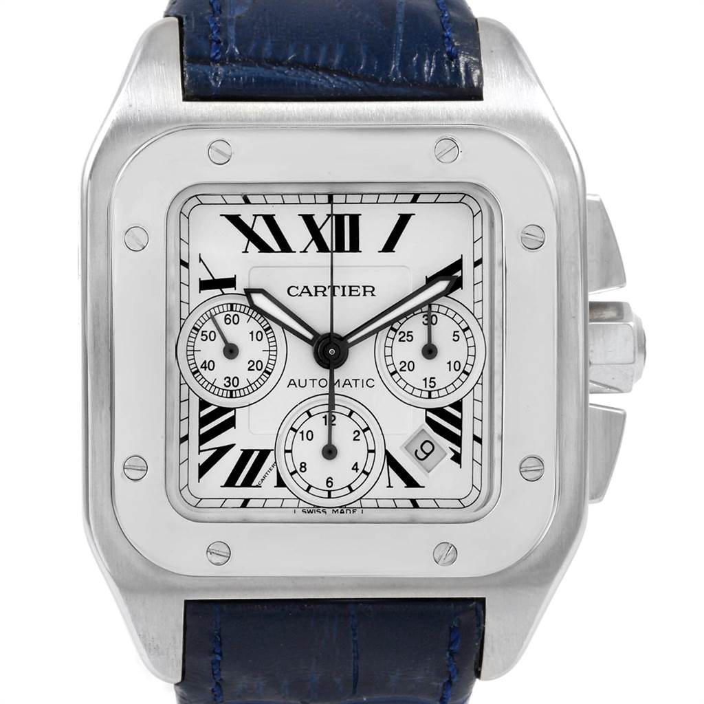 The image shows a front view of a Cartier Santos W20090X8 Men's Stainless Steel Silver Dial W20090X8 Men's Stainless Steel Silver Dial watch, displaying its face, bezel, and part of the leather strap.