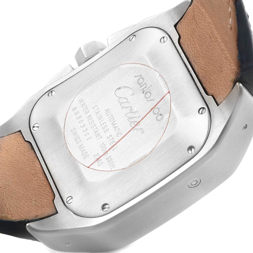 The image shows the back case of a Cartier Santos W20090X8 Men's Stainless Steel Silver Dial W20090X8 Men's Stainless Steel Silver Dial watch, emphasizing its stainless steel material and leather straps.