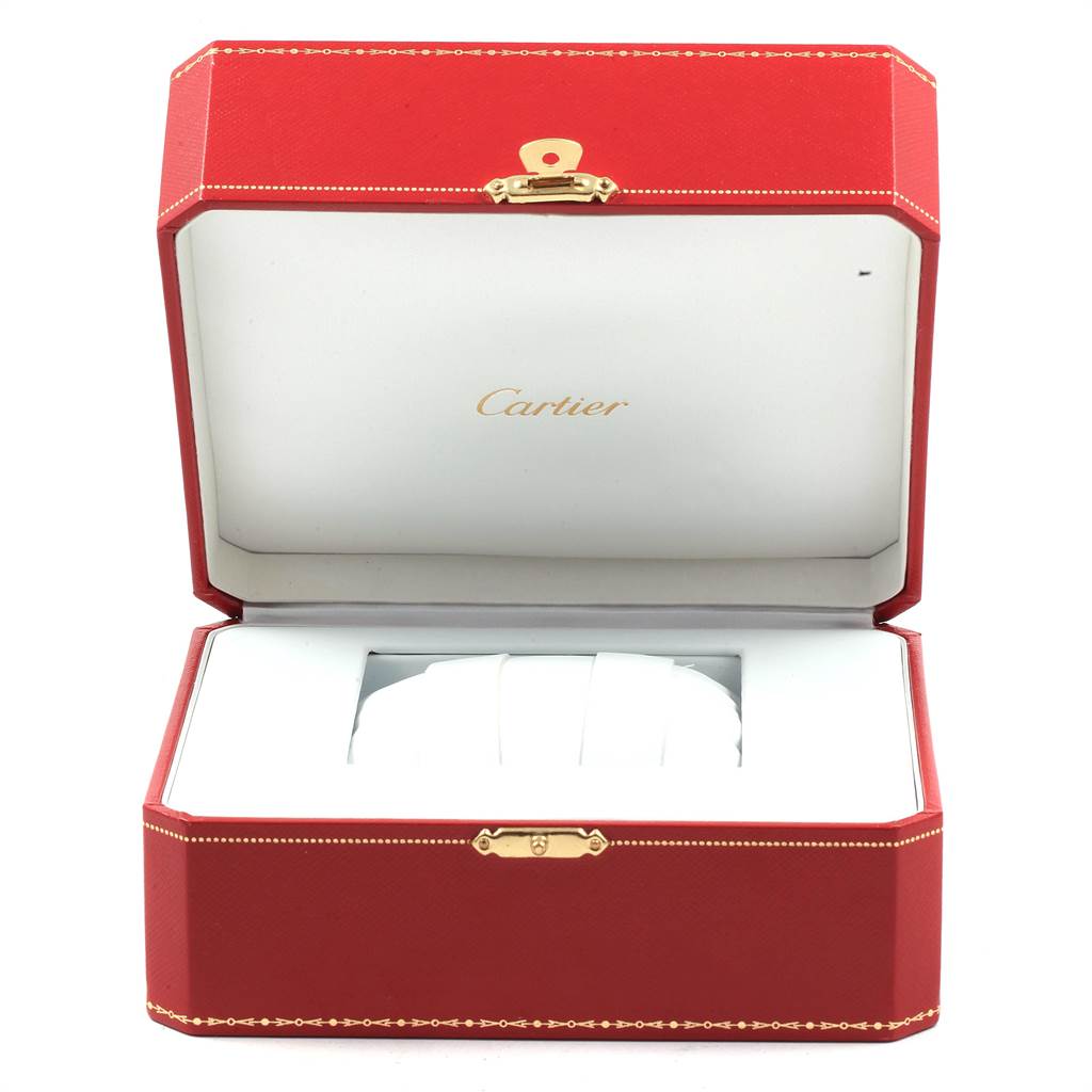 The image shows an open red Cartier box, likely for a Santos model watch, displaying the interior.