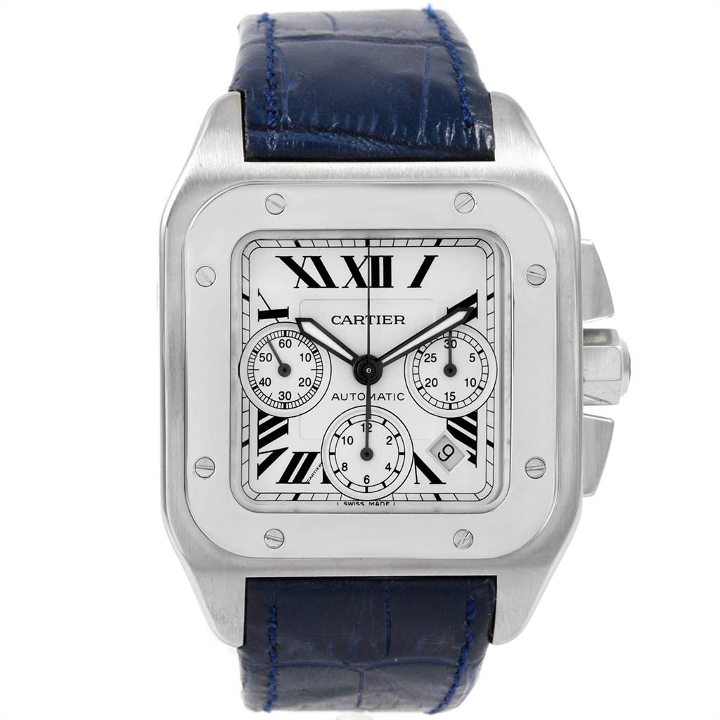 The image shows a front view of a Cartier Santos W20090X8 Men's Stainless Steel Silver Dial W20090X8 Men's Stainless Steel Silver Dial watch, displaying its square face, chronographs, and blue leather strap.