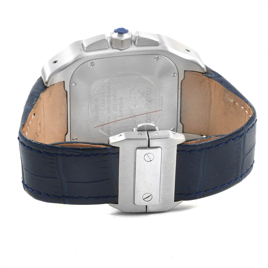 The image shows the back and clasp of a Cartier Santos W20090X8 Men's Stainless Steel Silver Dial W20090X8 Men's Stainless Steel Silver Dial watch with a dark blue leather strap.