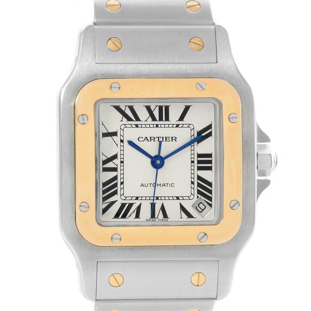 This image shows a close-up front view of a Cartier Santos W20099C4 Stainless Steel Silver Dial W20099C4 Stainless Steel Silver Dial watch, displaying its face, bezel, and part of the bracelet.