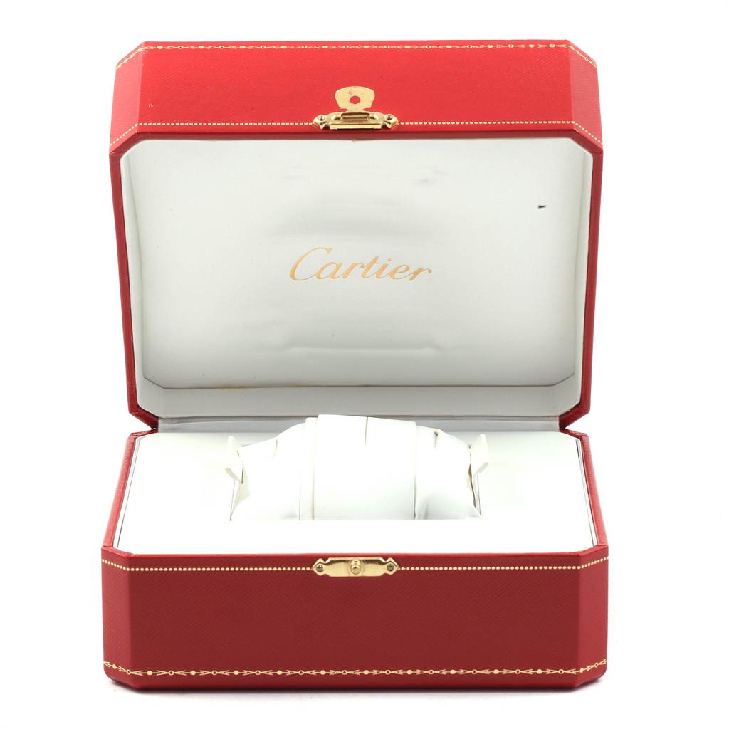 The image shows an open Cartier Santos W20099C4 Stainless Steel Silver Dial W20099C4 Stainless Steel Silver Dial watch box at a front angle, displaying the interior and cushion inserts.