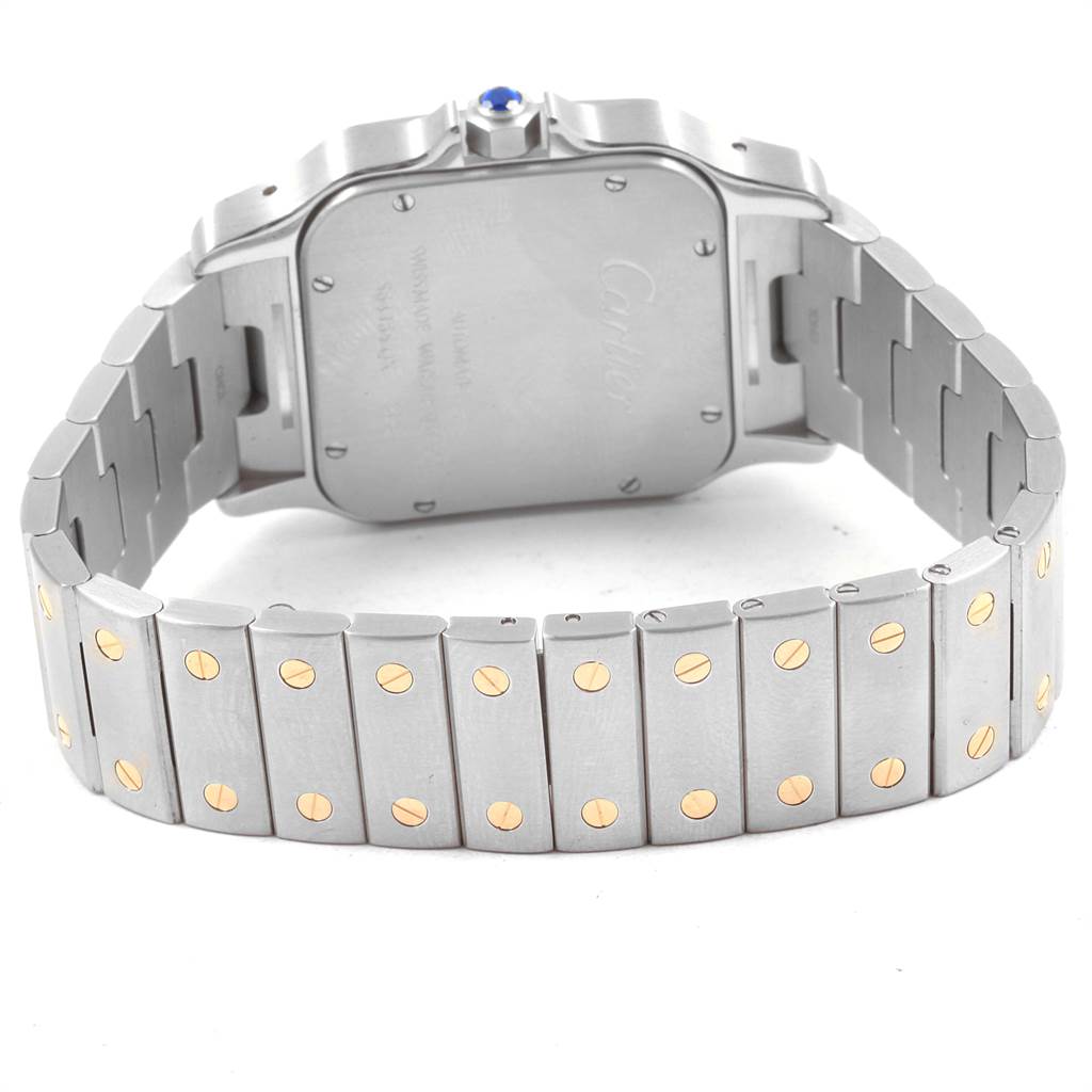 The image shows the back view and part of the bracelet of a Santos model watch by Cartier.
