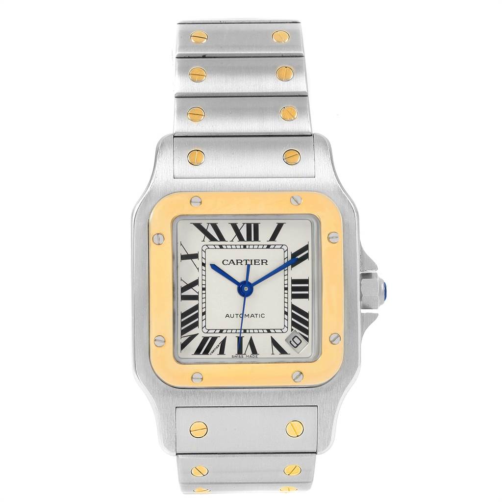 The Santos model by Cartier is shown from the front, featuring its dial, bezel, and part of the metal bracelet.