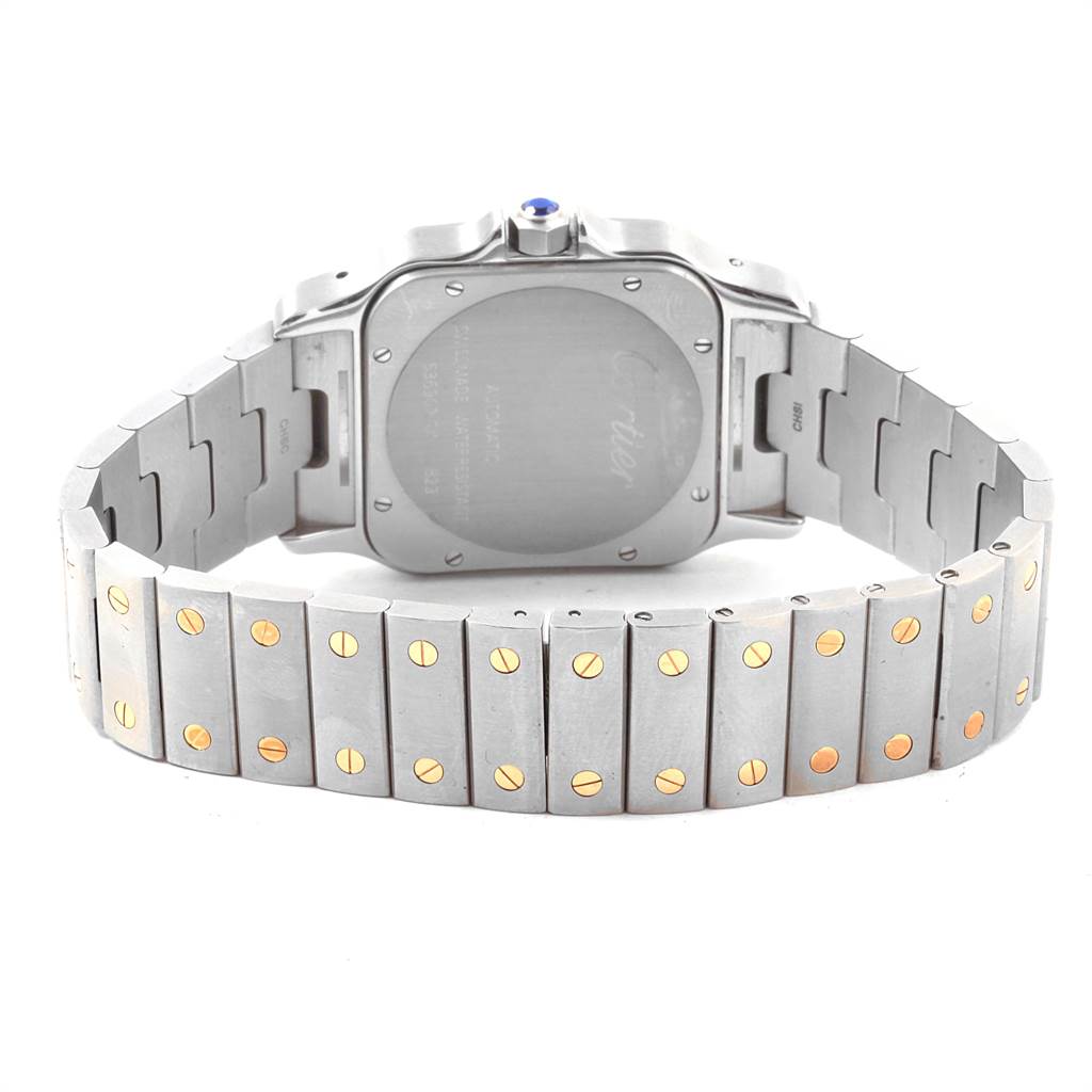 The image shows the back casing and the bracelet of a Cartier Santos W20099C4 Men's Stainless Steel Silver Dial W20099C4 Men's Stainless Steel Silver Dial watch.