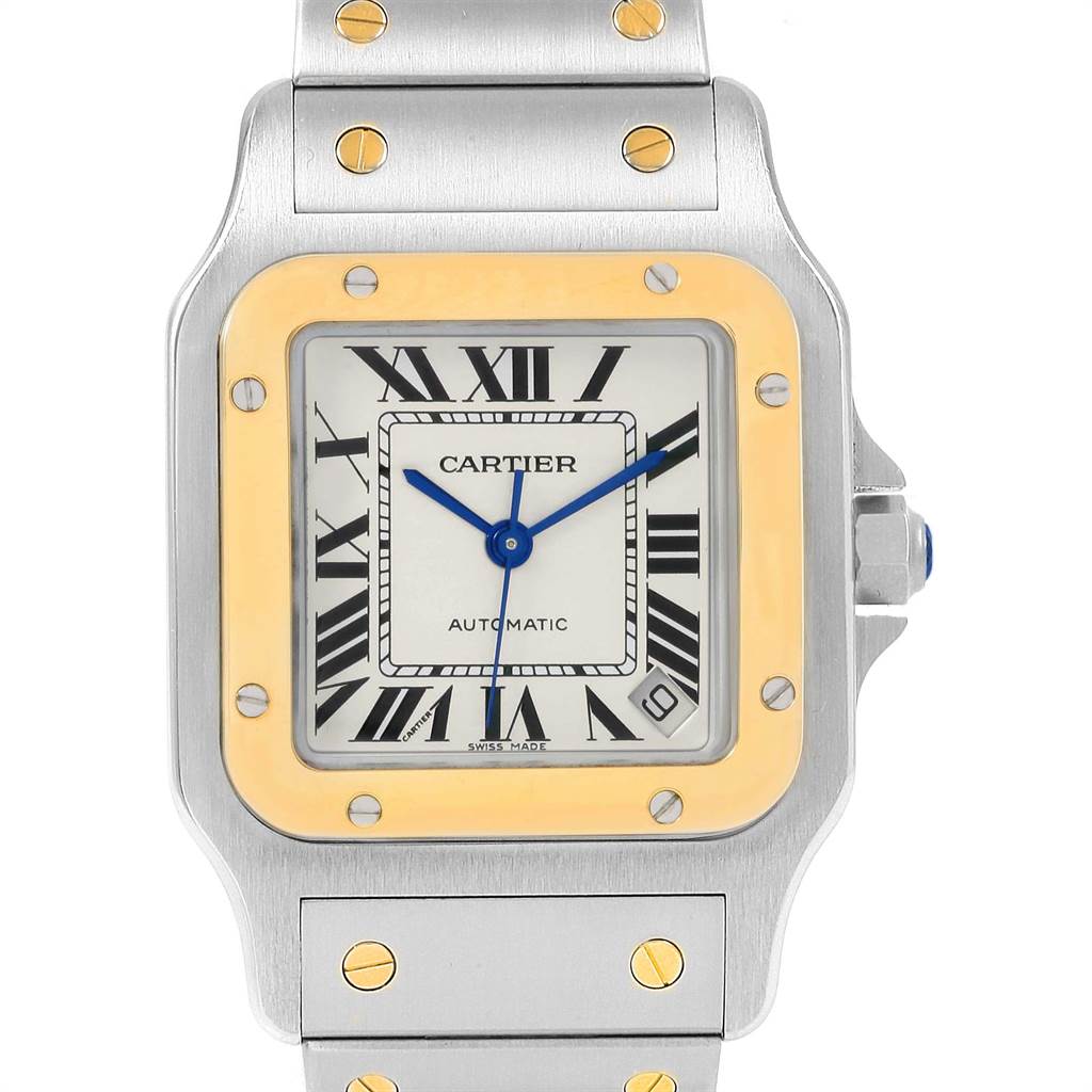 This image shows the front view of the Cartier Santos W20099C4 Men's Stainless Steel Silver Dial W20099C4 Men's Stainless Steel Silver Dial watch, highlighting the dial, case, bezel, and part of the bracelet.