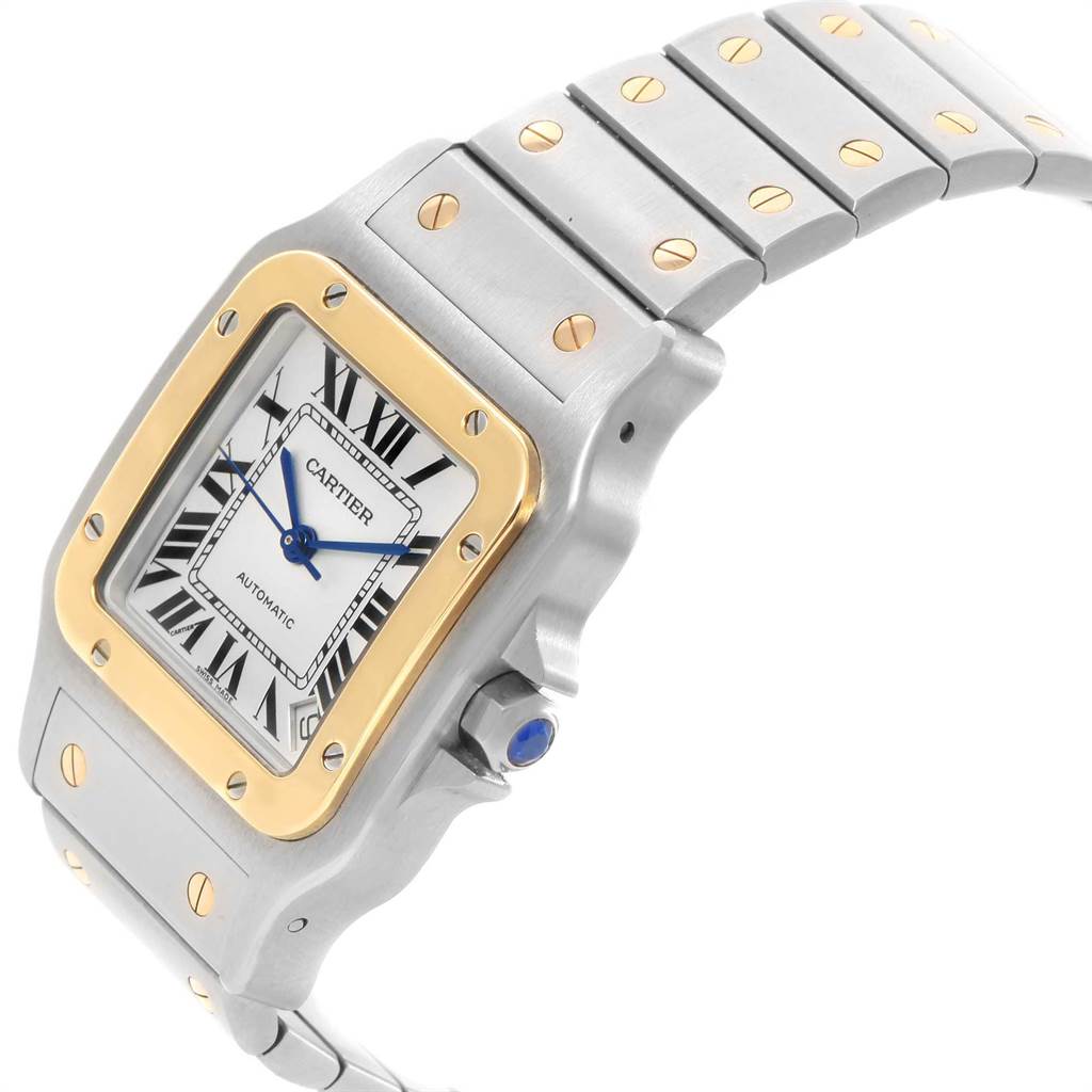 This Cartier Santos W20099C4 Men's Stainless Steel Silver Dial W20099C4 Men's Stainless Steel Silver Dial watch is shown from a top-side angle, highlighting the dial, bezel, and part of the bracelet.