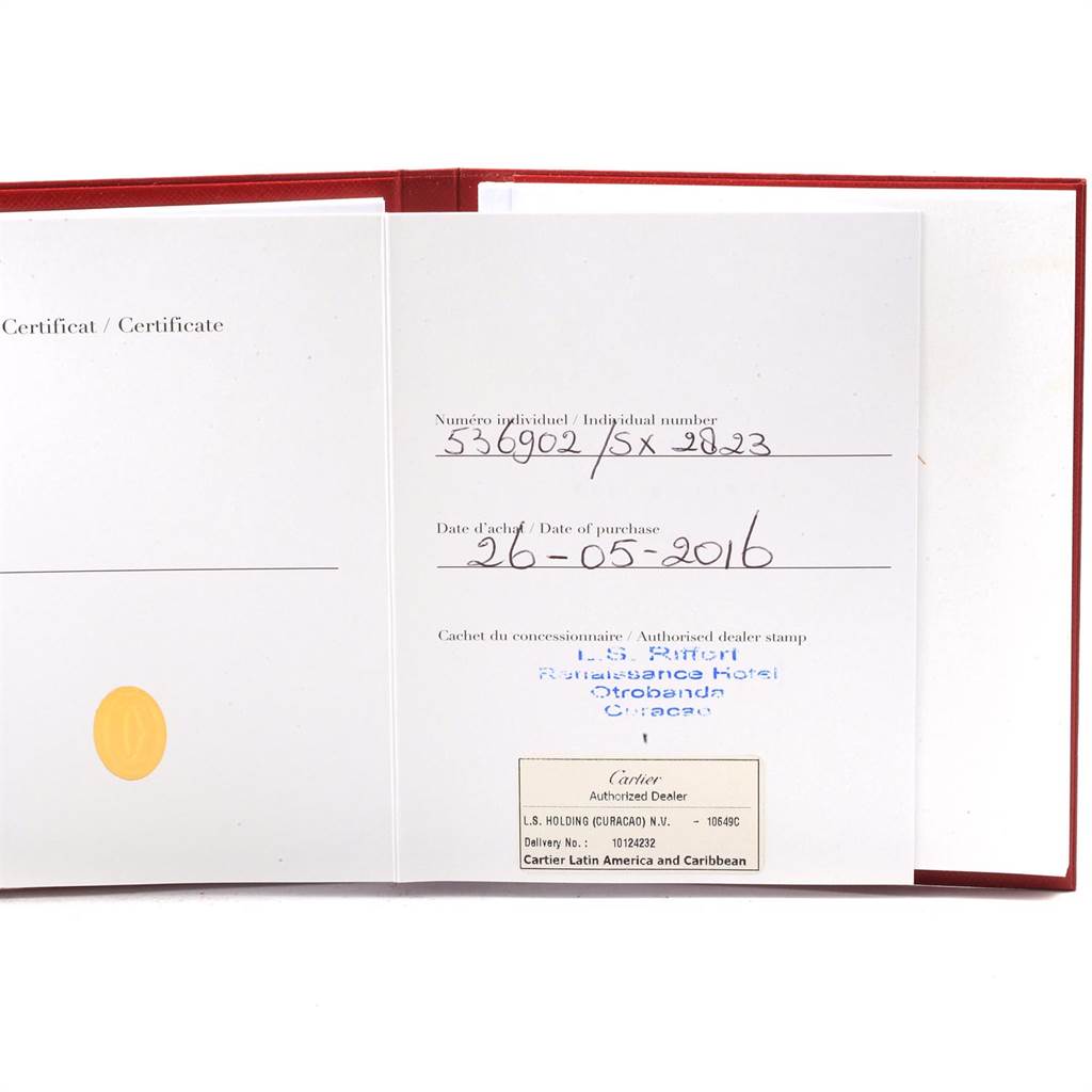 This depicts the warranty certificate for the Santos model by Cartier, indicating purchase details and dealer information.