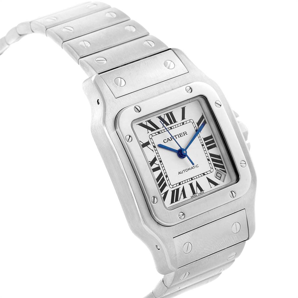 This image shows a close-up angle of the Cartier Santos W20098D6 Men's Stainless Steel Silver Dial W20098D6 Men's Stainless Steel Silver Dial watch, highlighting its face, bezel, and part of the bracelet.