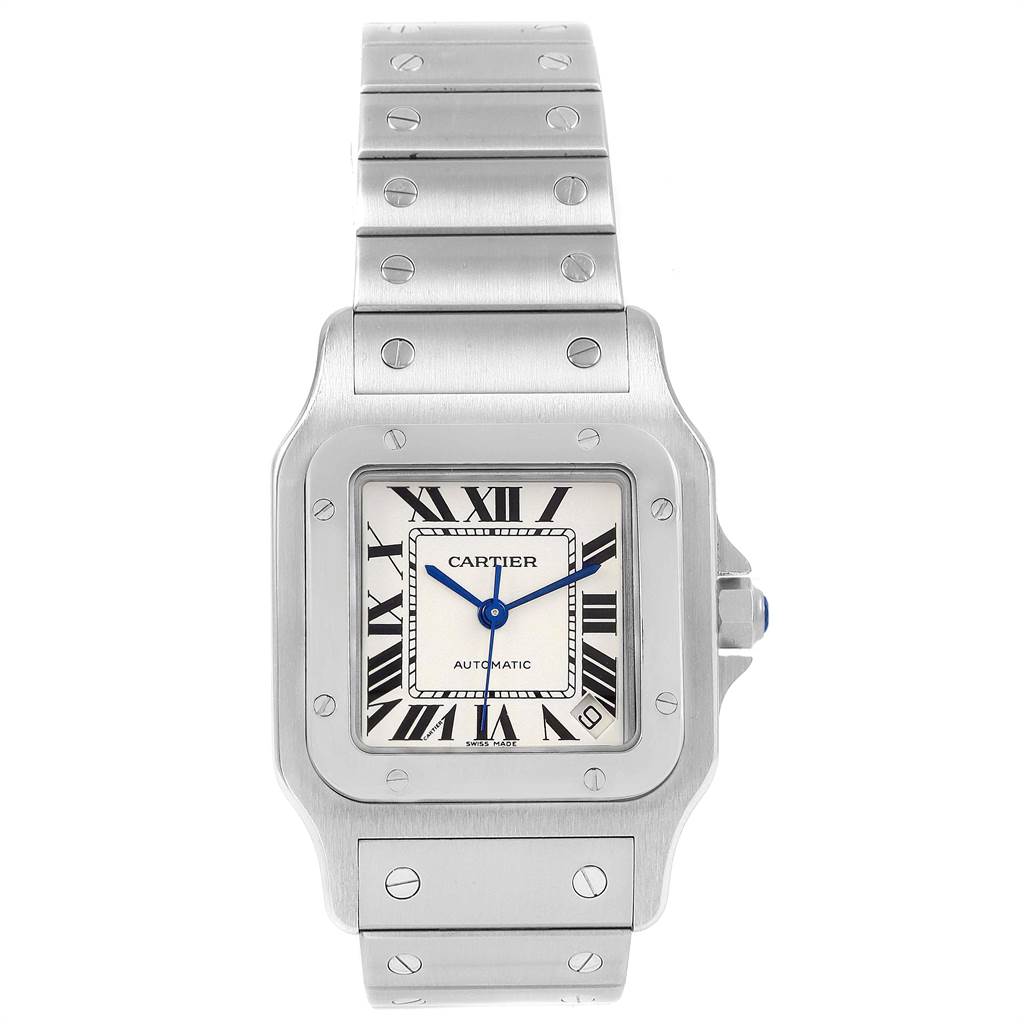 This is a frontal view of a Cartier Santos W20098D6 Men's Stainless Steel Silver Dial W20098D6 Men's Stainless Steel Silver Dial watch, showing the face, bezel, and bracelet with distinctive screw details.