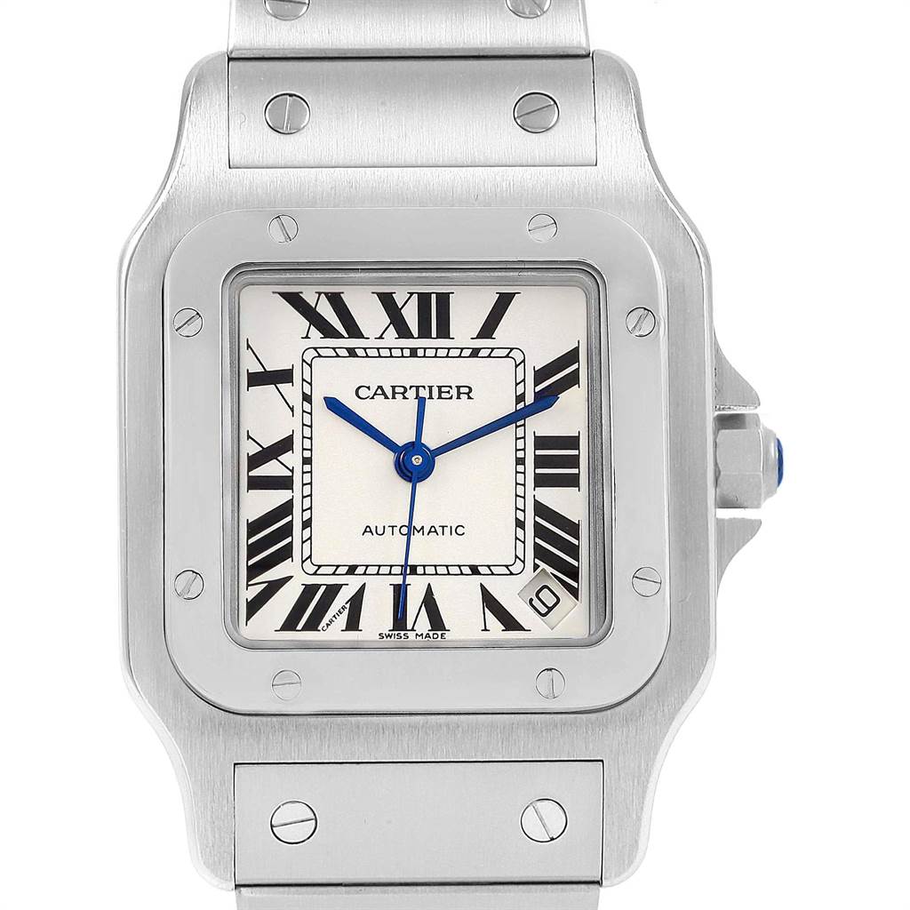 This image shows a close-up frontal view of the dial and part of the bracelet of a Cartier Santos W20098D6 Men's Stainless Steel Silver Dial W20098D6 Men's Stainless Steel Silver Dial watch.