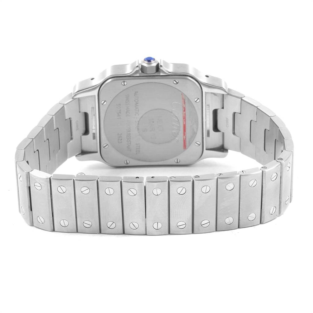 This image shows the back view of the Cartier Santos W20098D6 Men's Stainless Steel Silver Dial W20098D6 Men's Stainless Steel Silver Dial watch, highlighting its case back and stainless steel bracelet.