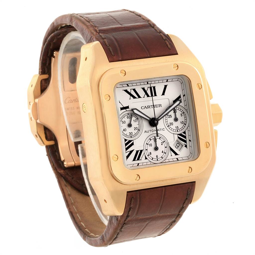 The image shows a Cartier Santos W20096Y1 Men's Stainless Steel Silver Dial W20096Y1 Men's Stainless Steel Silver Dial watch with a brown leather strap, gold case, and white dial, viewed from the front-left angle.