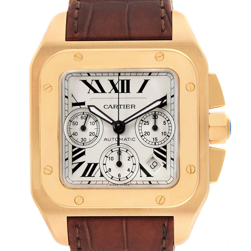 This image shows a frontal view of a Cartier Santos W20096Y1 Men's Stainless Steel Silver Dial W20096Y1 Men's Stainless Steel Silver Dial watch, featuring a square dial, three subdials, and a brown leather strap.