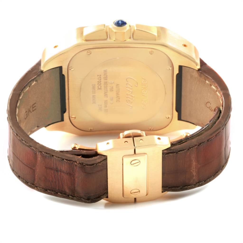 This image shows the back view of a Cartier Santos W20096Y1 Men's Stainless Steel Silver Dial W20096Y1 Men's Stainless Steel Silver Dial watch, including the case back, crown, and leather strap with the clasp.