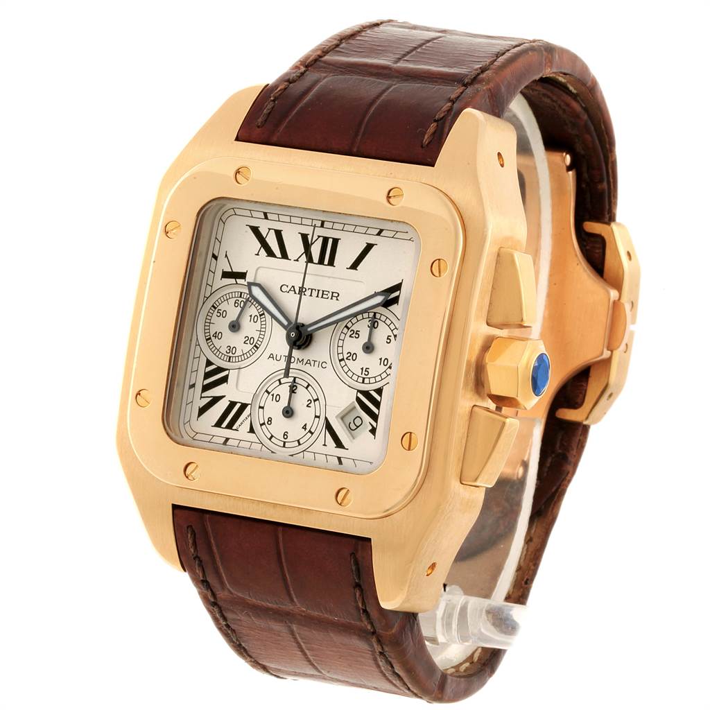 The Cartier Santos W20096Y1 Men's Stainless Steel Silver Dial W20096Y1 Men's Stainless Steel Silver Dial watch is shown at a three-quarter angle, highlighting its face, crown, and leather strap.