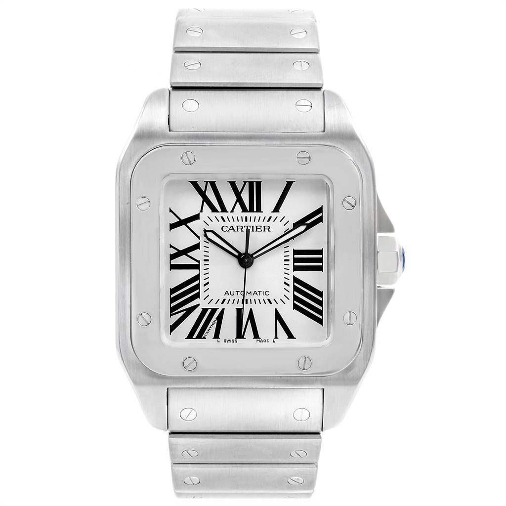 The image shows a Cartier Santos W200737G Men's Stainless Steel Silver Dial W200737G Men's Stainless Steel Silver Dial watch from a front view, highlighting its square dial, Roman numerals, and metallic bracelet.