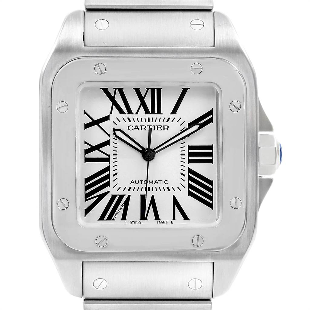 This is a front view of the Cartier Santos W200737G Men's Stainless Steel Silver Dial W200737G Men's Stainless Steel Silver Dial model watch, showing the face, bezel, and part of the bracelet.