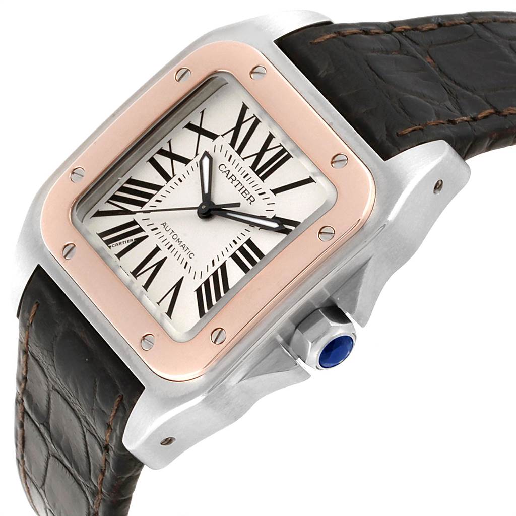 The image shows a Cartier Santos W20106X8 Men's Stainless Steel Silver Dial W20106X8 Men's Stainless Steel Silver Dial watch at an angle, highlighting the face, bezel, crown, and leather strap.