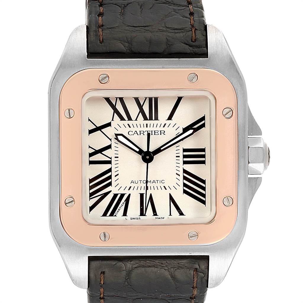 This image shows a front view of a Cartier Santos W20106X8 Men's Stainless Steel Silver Dial W20106X8 Men's Stainless Steel Silver Dial model watch, displaying the face, bezel, and part of the strap.