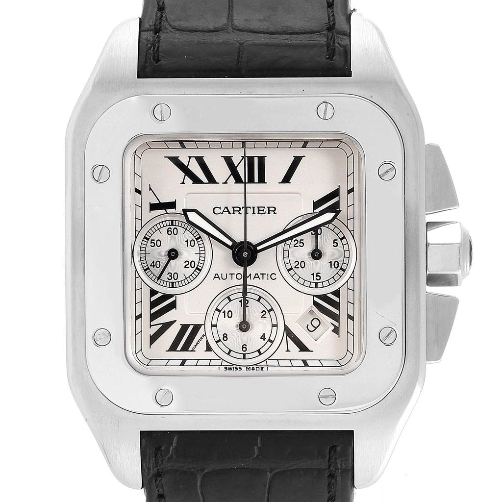 Cartier Santos 100 XL Silver Dial Black Strap Chronograph Watch ...