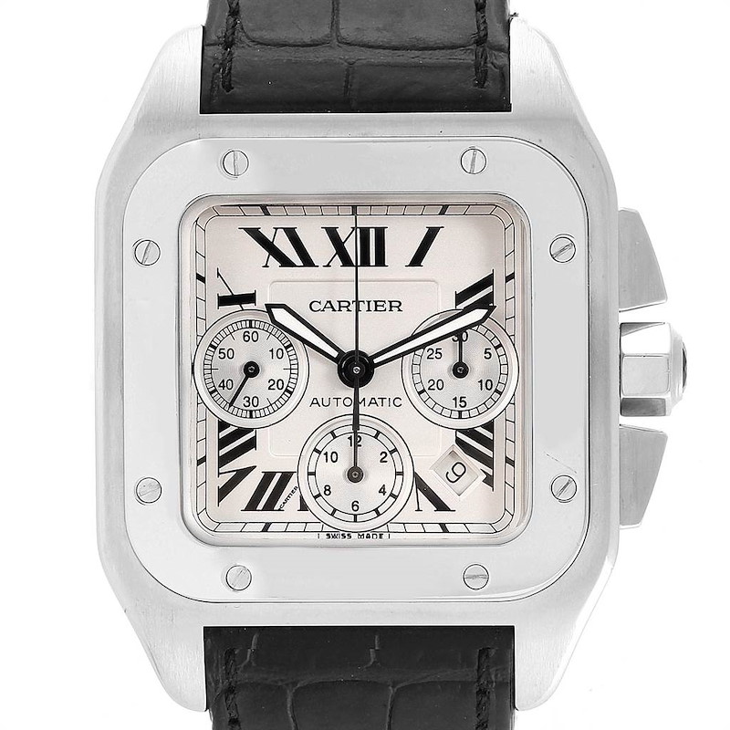 Cartier Santos 100 XL Silver Dial Black Strap Chronograph Watch W20090X8 SwissWatchExpo