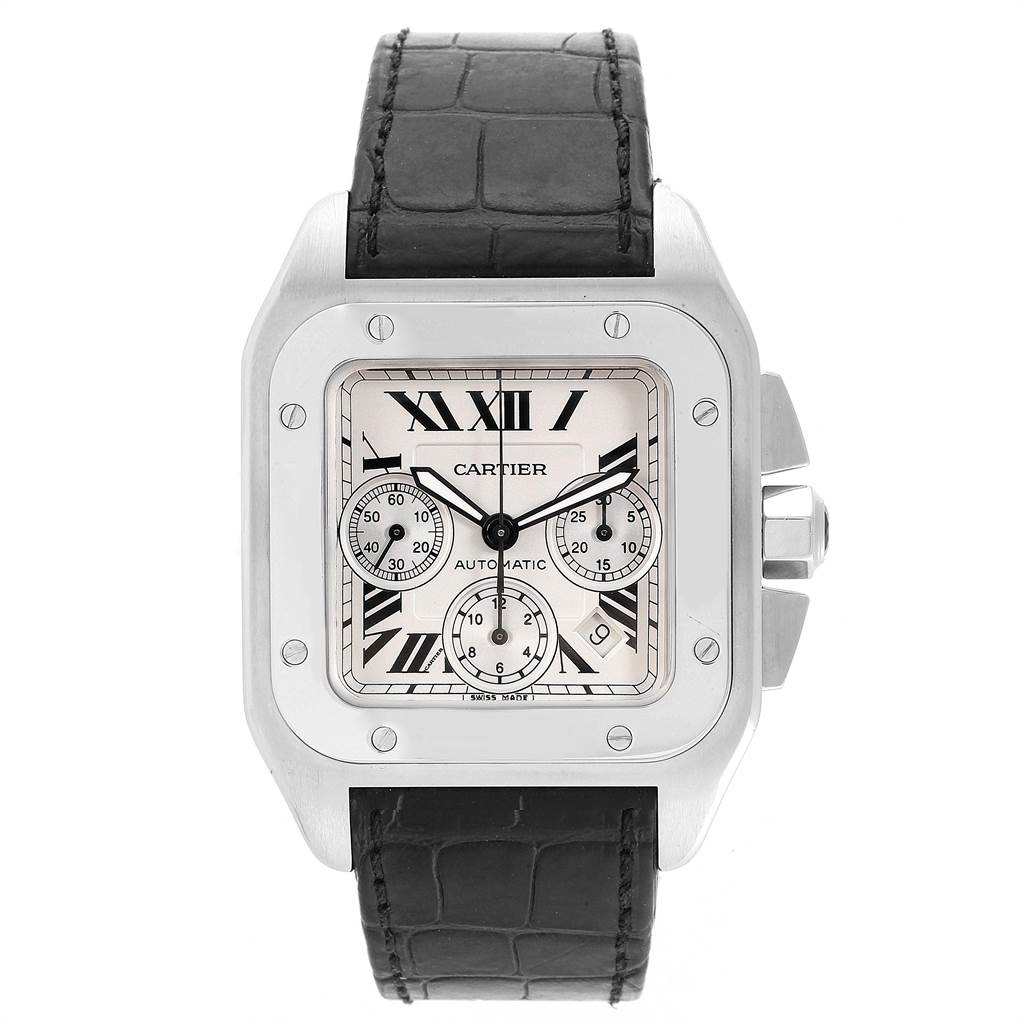 This image shows a frontal view of a Cartier Santos W20090X8 Men's Stainless Steel Silver Dial W20090X8 Men's Stainless Steel Silver Dial watch displaying the dial, bezel, chronograph sub-dials, and black leather strap.