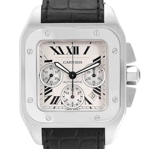 Photo of Cartier Santos 100 XL Silver Dial Black Strap Chronograph Watch W20090X8