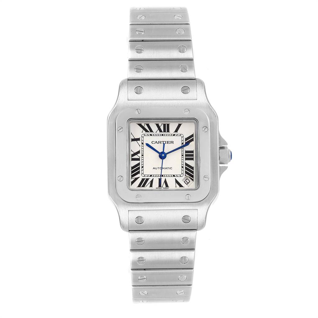 This image shows a front view of the Cartier Santos W20098D6 Men's Stainless Steel Silver Dial W20098D6 Men's Stainless Steel Silver Dial watch, displaying its silver bracelet, square dial, and blue hands.