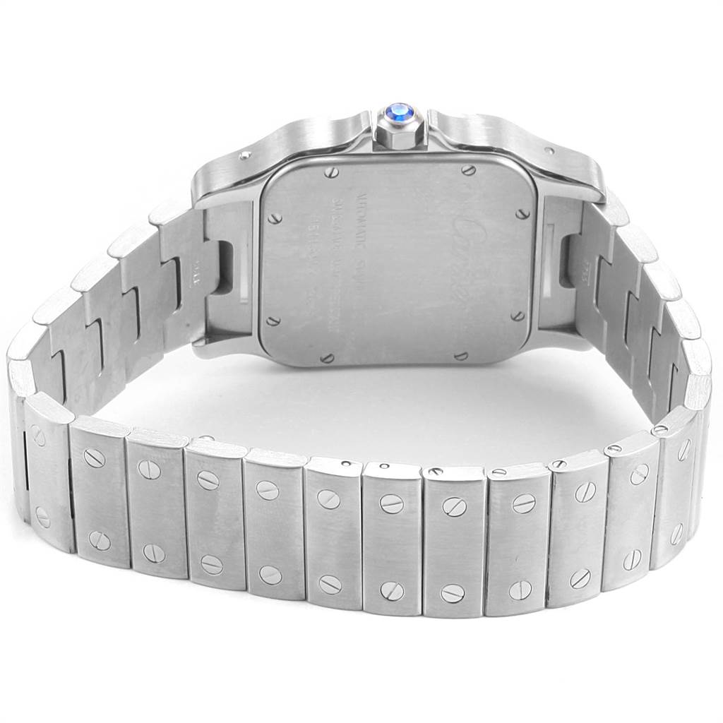 The image shows the back view and bracelet of a Cartier Santos W20098D6 Men's Stainless Steel Silver Dial W20098D6 Men's Stainless Steel Silver Dial watch, prominently featuring its stainless steel links and screws.