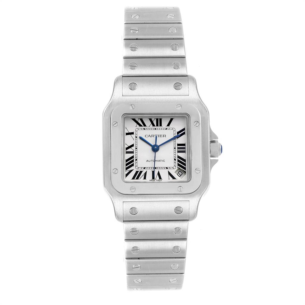 The image shows a frontal view of a Cartier Santos W20098D6 Men
s Stainless Steel Silver Dial W20098D6 Men
s Stainless Steel Silver Dial model watch, highlighting the bezel, dial, hands, crown, and bracelet.