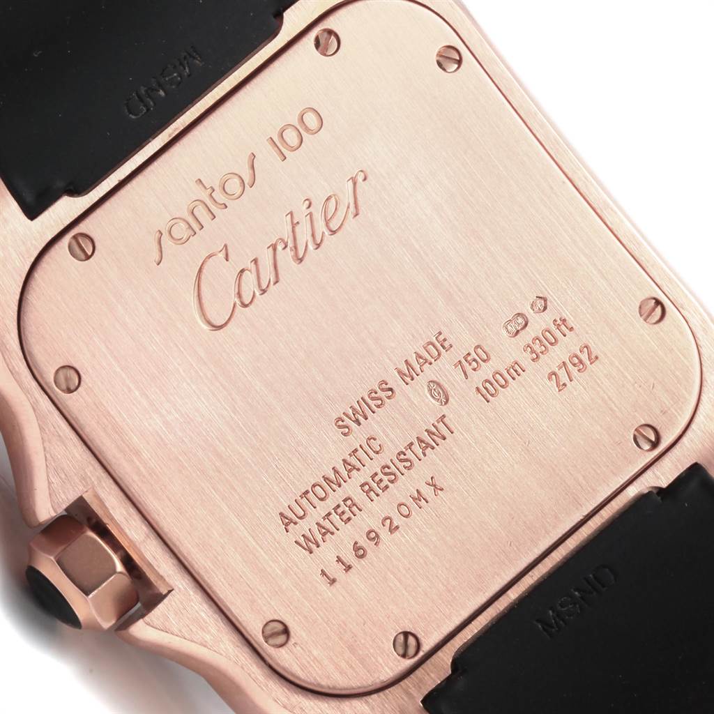This image shows the case back of a Cartier Santos W20124U2 Men
s Rose Gold Black Dial W20124U2 Men
s Rose Gold Black Dial 100 watch, highlighting the engraved details and markings.