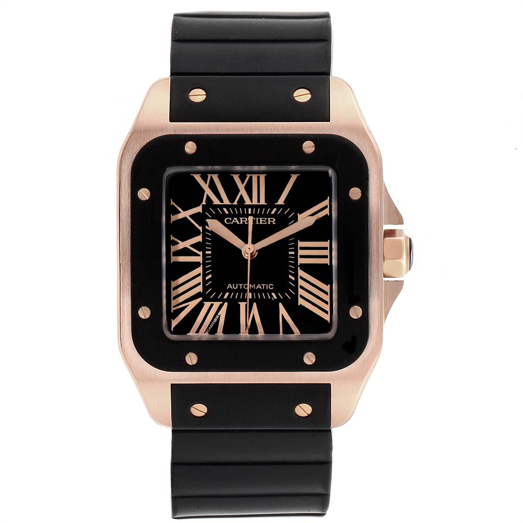 The image shows a front view of a Cartier Santos W20124U2 Men
s Rose Gold Black Dial W20124U2 Men
s Rose Gold Black Dial model watch, highlighting the case, bezel, dial, and strap.