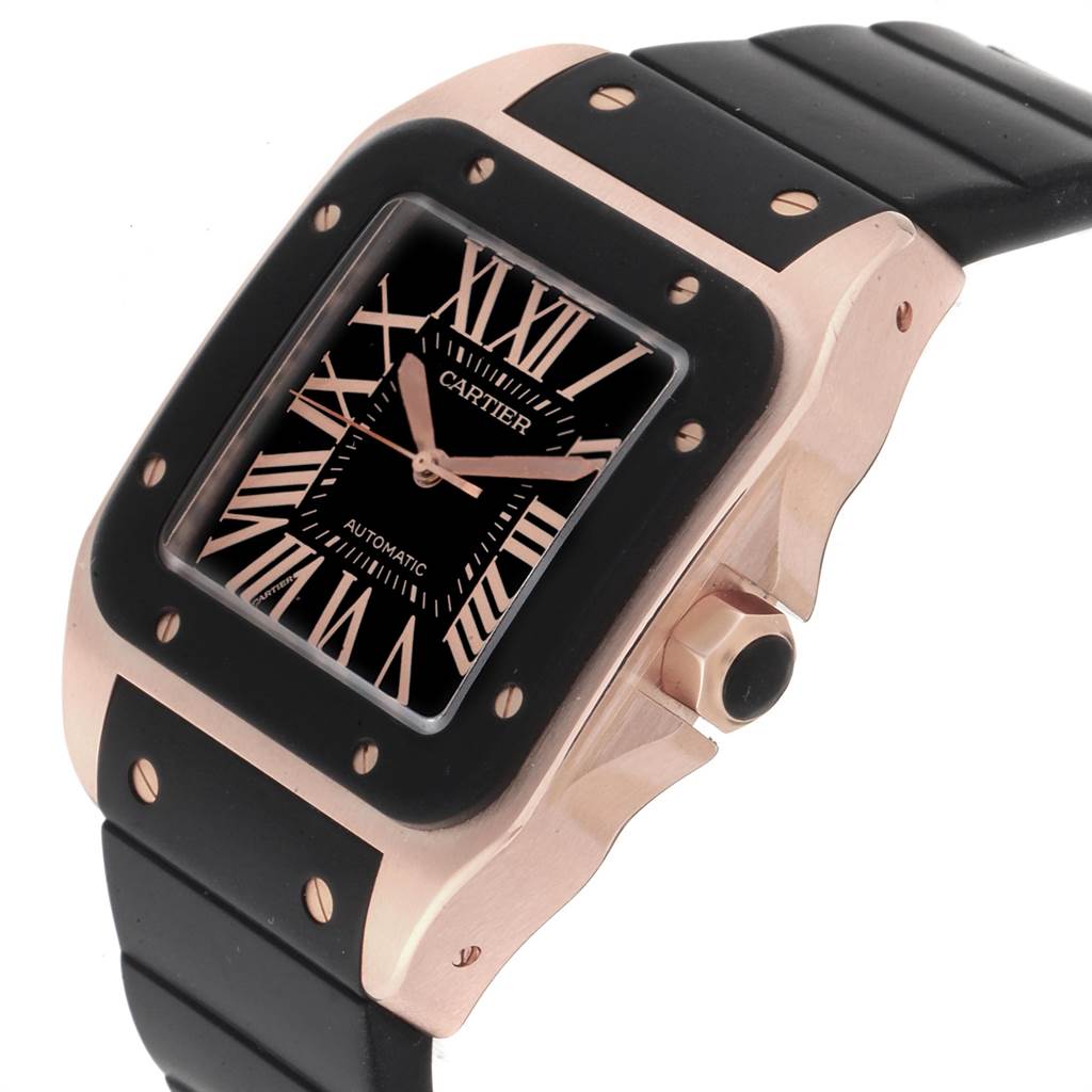 The image shows a Cartier Santos W20124U2 Men
s Rose Gold Black Dial W20124U2 Men
s Rose Gold Black Dial watch at an oblique angle, highlighting the dial, bezel, crown, and part of the strap.