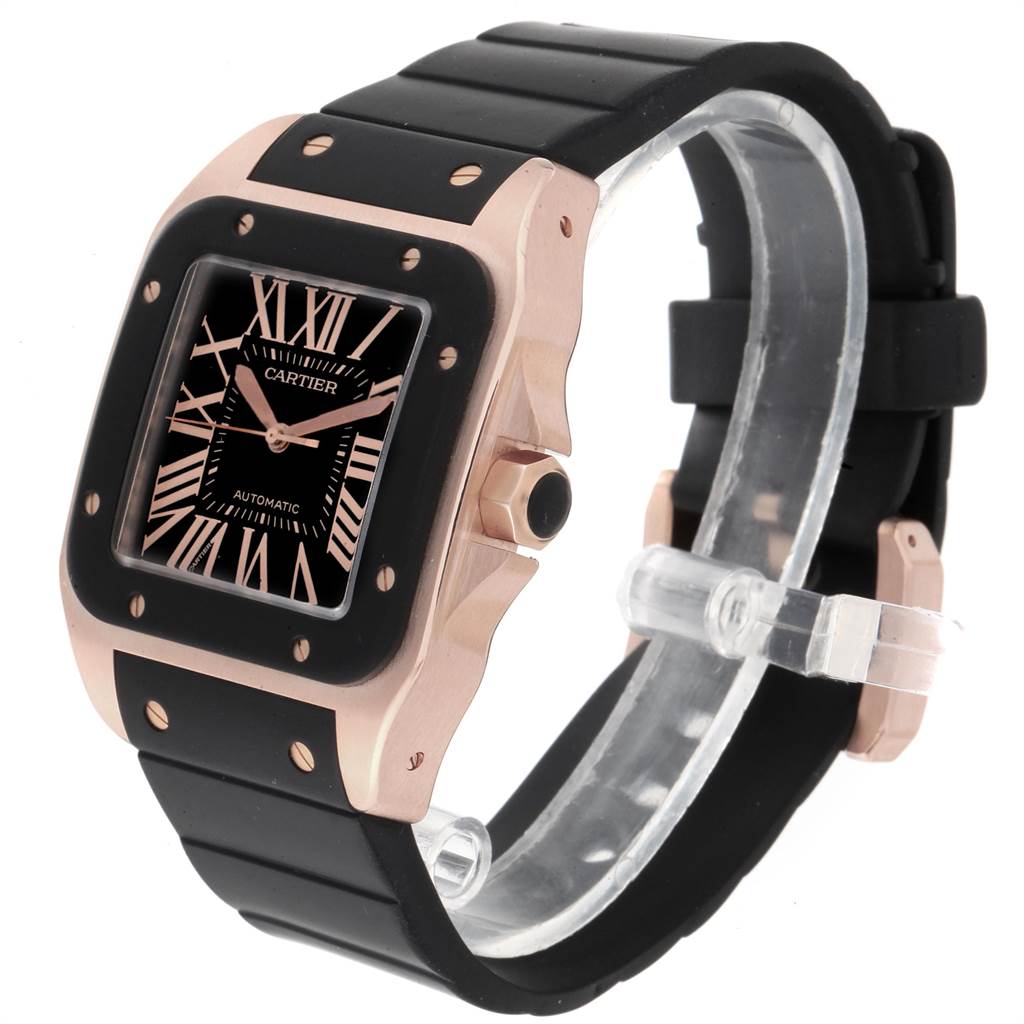 Cartier Santos 100 Rose Gold Black Dial Mens Watch W20124U2 Box Papers ...