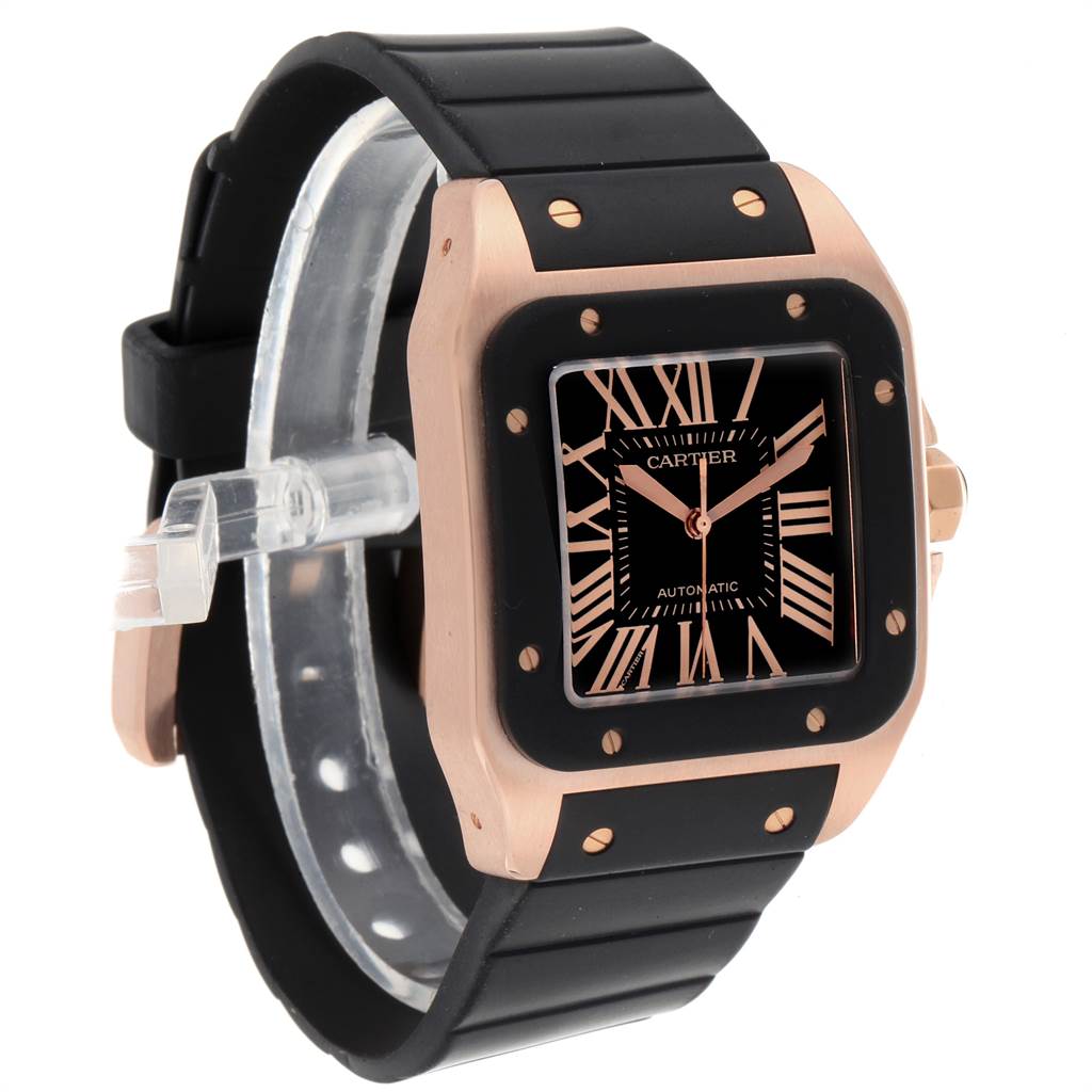 The image shows a Cartier Santos W20124U2 Men
s Rose Gold Black Dial W20124U2 Men
s Rose Gold Black Dial model watch at a three-quarter angle, highlighting the face, strap, and case.
