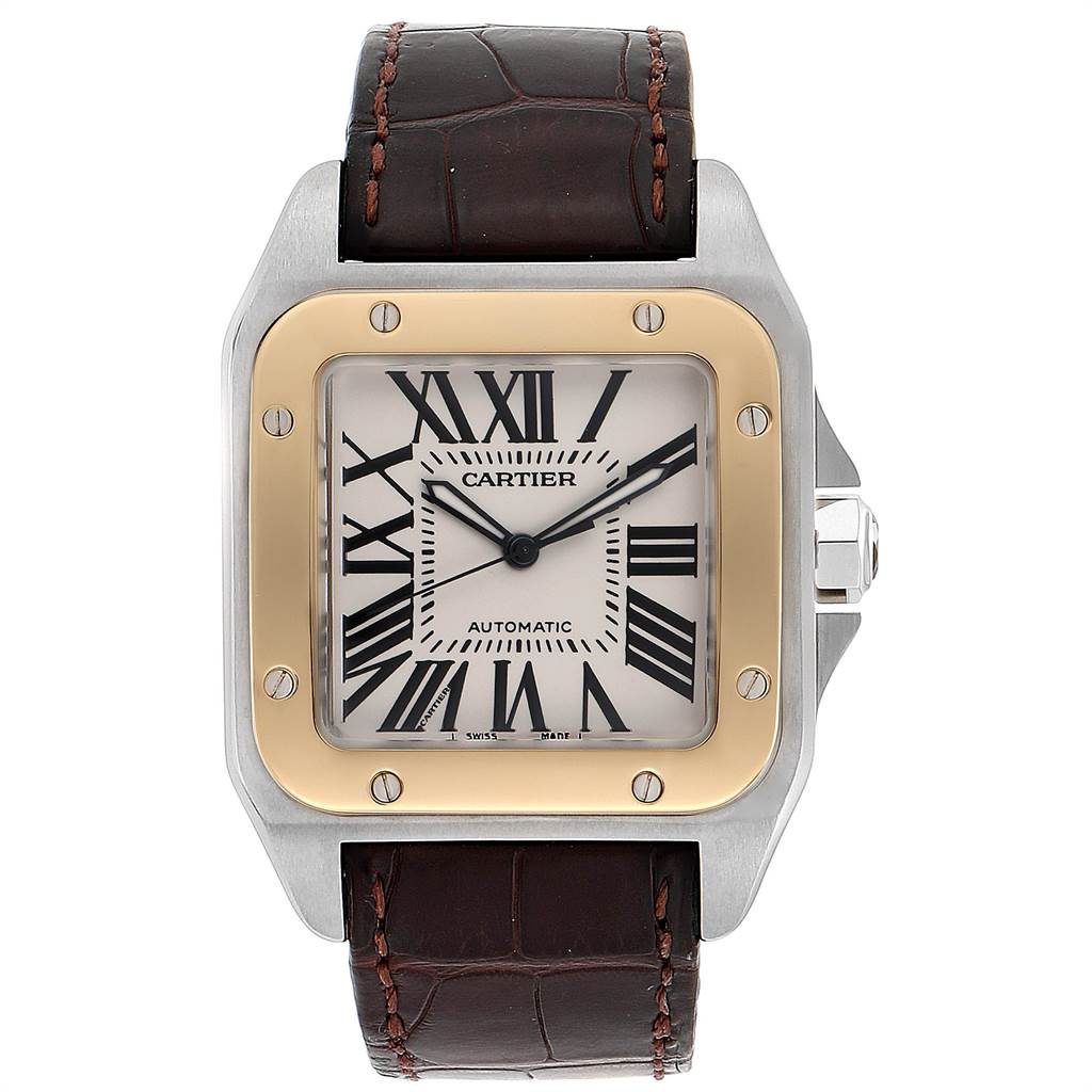 The image shows a front view of a Cartier Santos W20072X7 Men's Stainless Steel Silver Dial W20072X7 Men's Stainless Steel Silver Dial watch with a square dial, leather strap, and metal bezel.