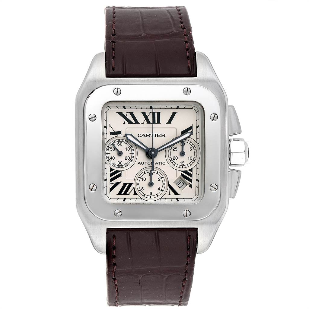 This is a front view of the Cartier Santos W20090X8 Men's Stainless Steel Silver Dial W20090X8 Men's Stainless Steel Silver Dial model watch, showing the dial, case, and leather strap.
