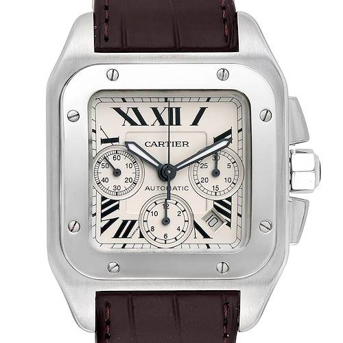 Photo of Cartier Santos 100 XL Silver Dial Brown Strap Chronograph Watch W20090X8