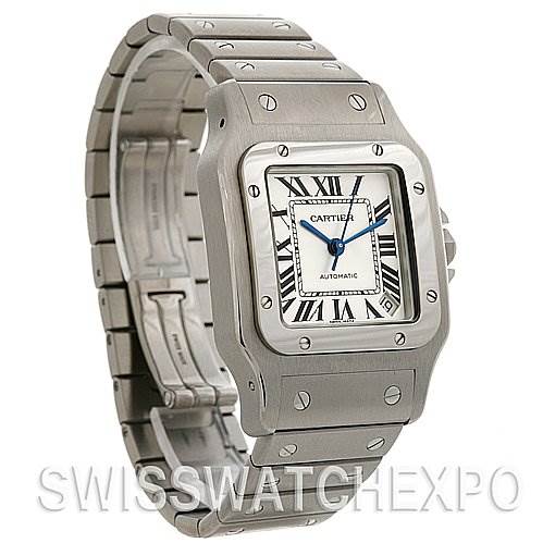 The image shows a Cartier Santos W20098D6 Stainless Steel Silver Dial W20098D6 Stainless Steel Silver Dial watch from a front-left angle, highlighting its face, bezel, and bracelet.