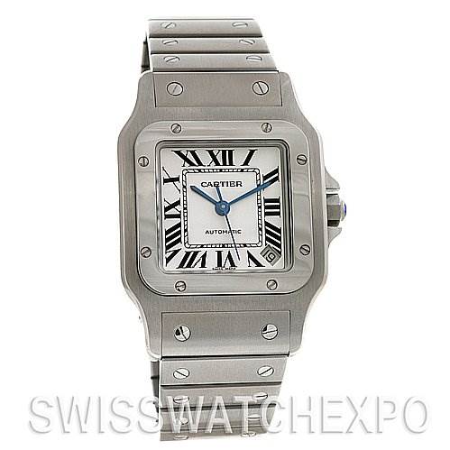 The image shows a front view of a Cartier Santos W20098D6 Stainless Steel Silver Dial W20098D6 Stainless Steel Silver Dial watch, highlighting its square face, Roman numeral dial, and stainless steel bracelet.